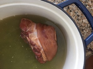 Throw the peas into a pot with the ham bone and liquids...